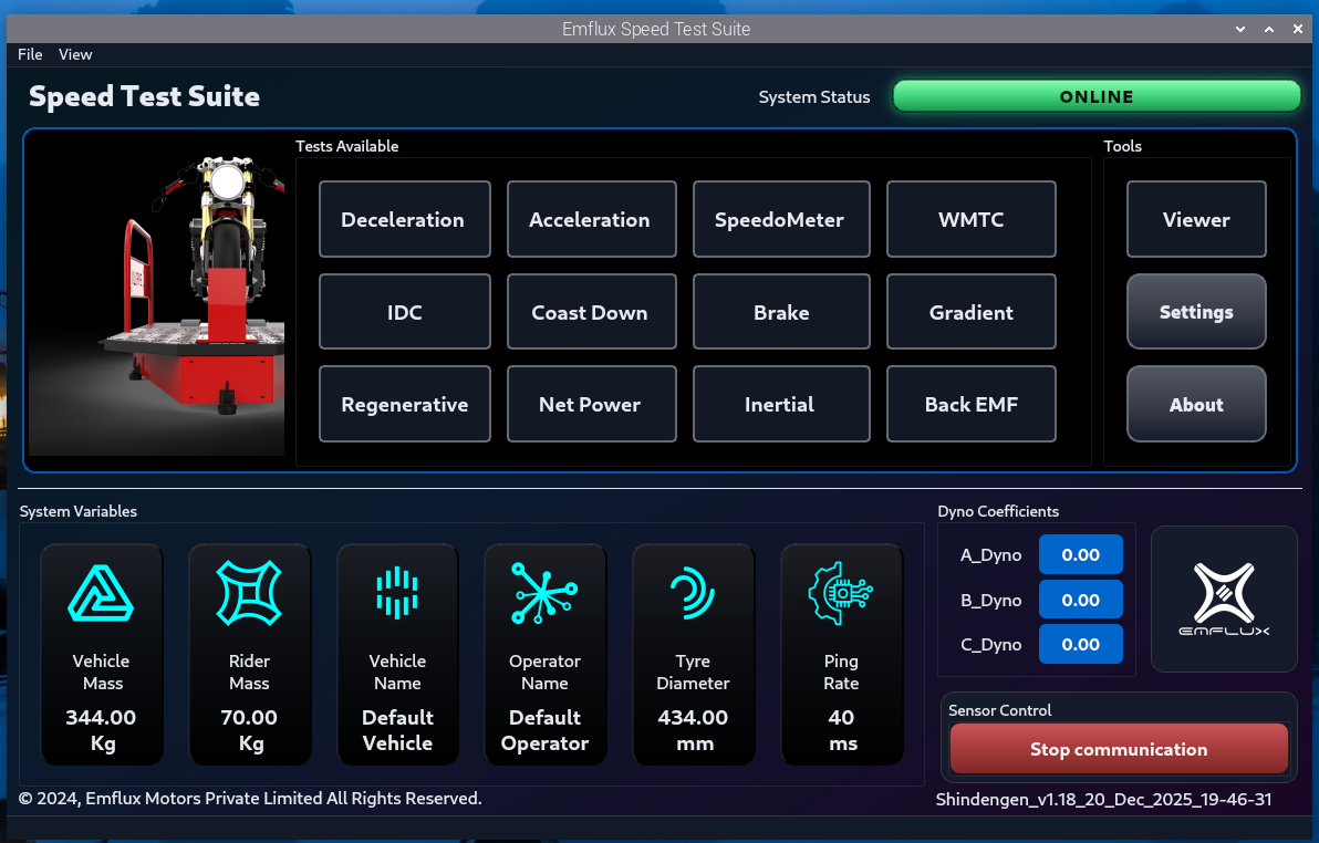 Smart Raven dynamometer test software main screen